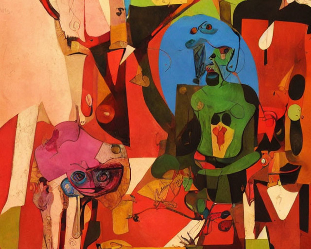 Vibrant Abstract Painting with Geometric Shapes and Whimsical Figures