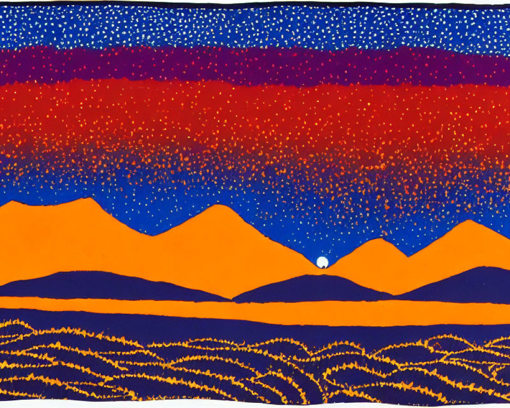 Vivid abstract landscape with orange mountains under dark red and blue sky