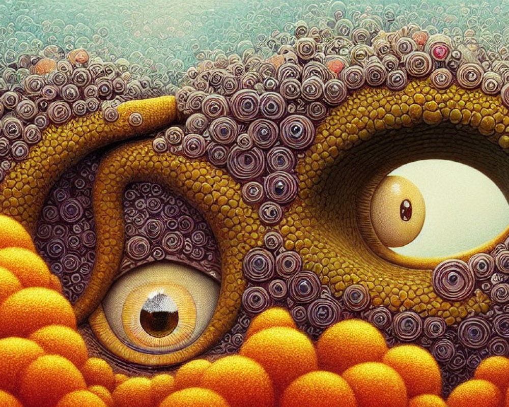 Detailed Surrealist Illustration: Eyes in Abstract Landscape