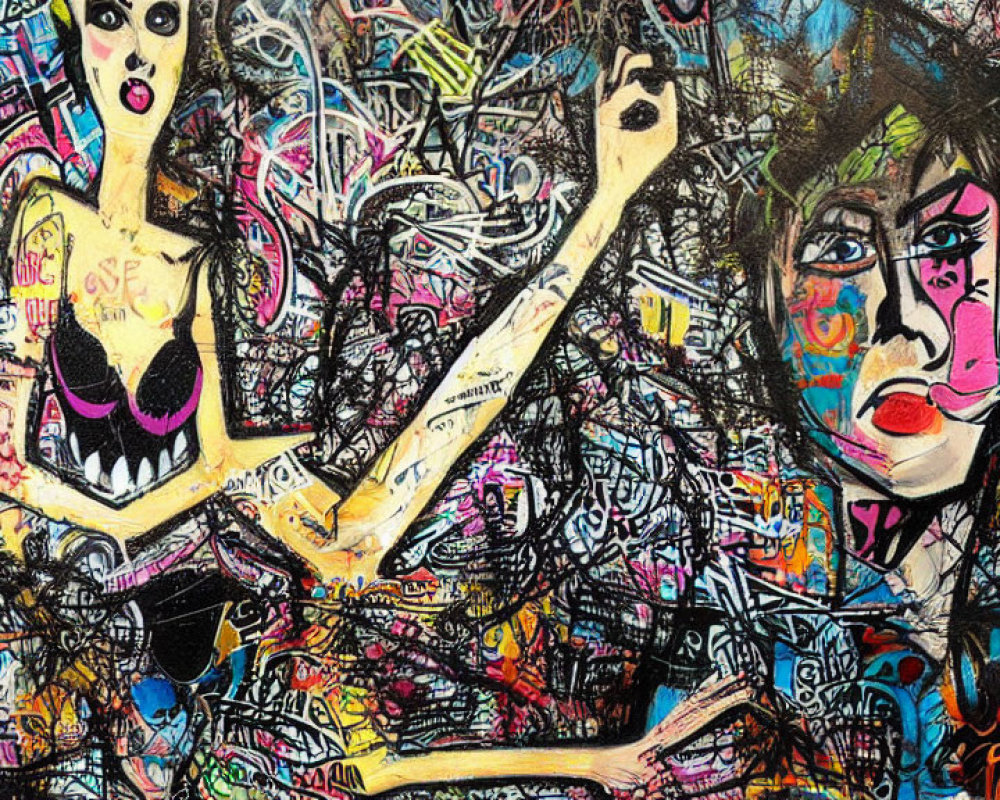 Vibrant graffiti art featuring cartoonish female figures