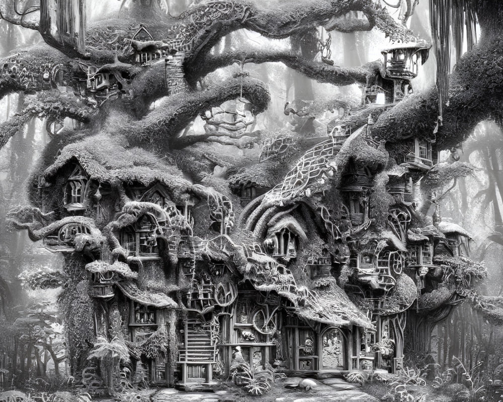 Whimsical black and white treehouse illustration in mystical forest