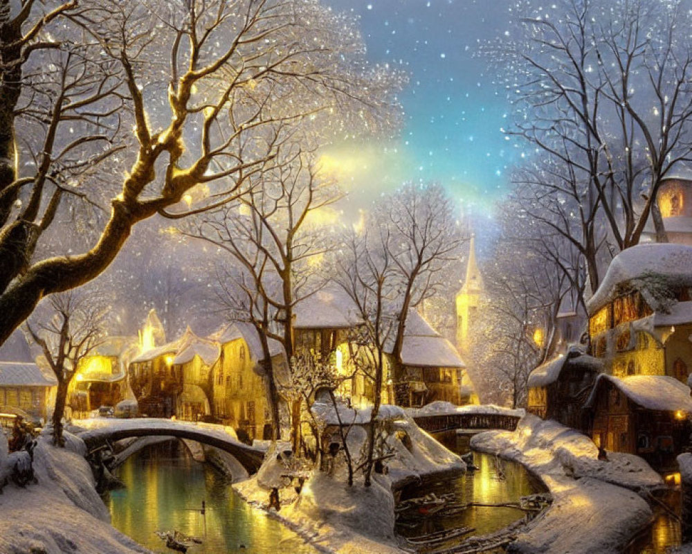 Snow-covered trees, cozy houses, river, and falling snow in serene winter scene