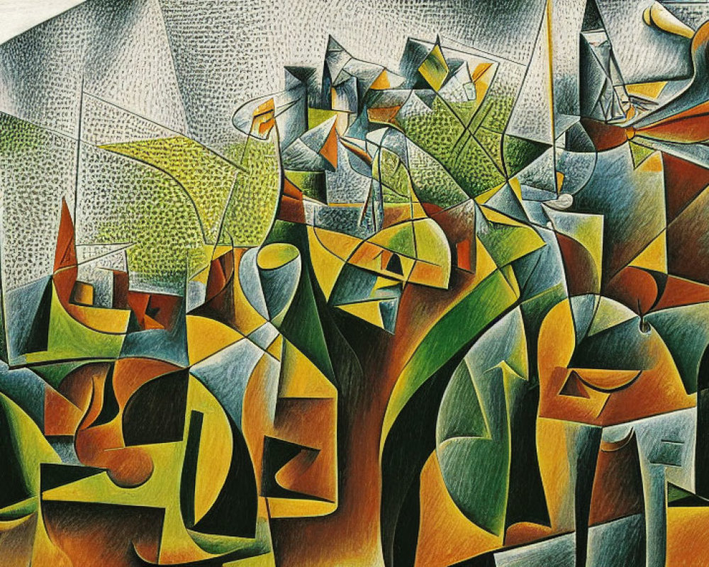 Geometric Cubist Painting with Muted Colors and Abstract Landscape