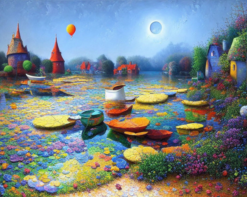 Colorful lily pads, whimsical houses, boats, and hot air balloon in vibrant fantasy landscape