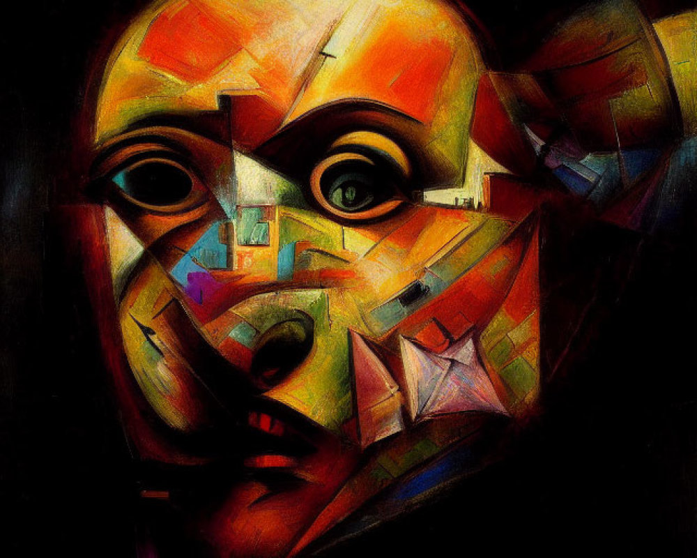 Colorful Cubist-Style Abstract Human Face Painting with Prominent Eyes