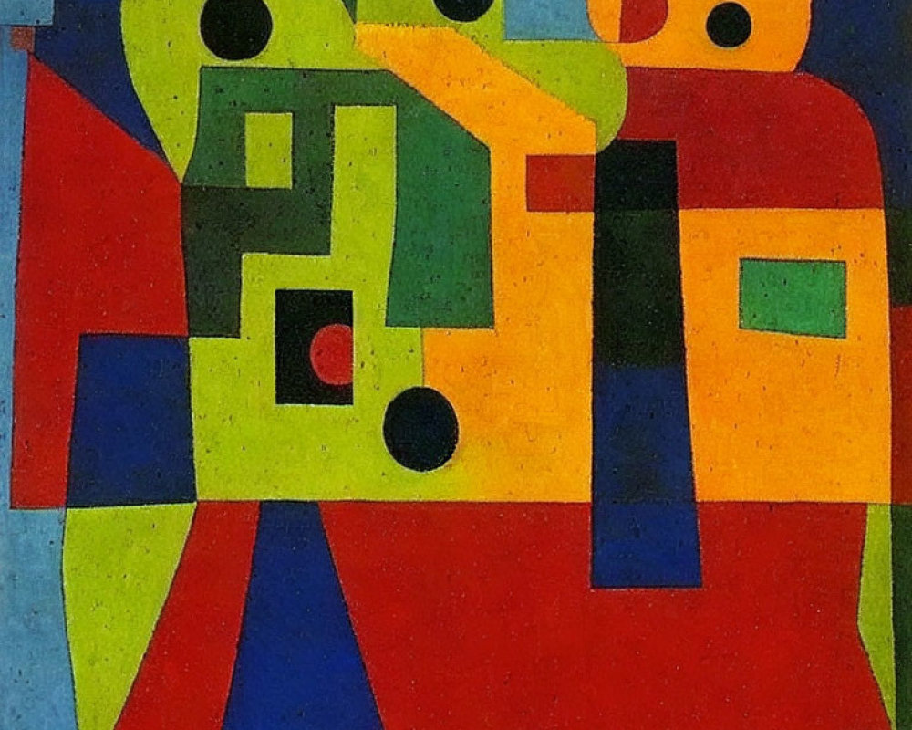 Abstract geometric painting with bold primary colors and overlapping shapes depicting two figures.