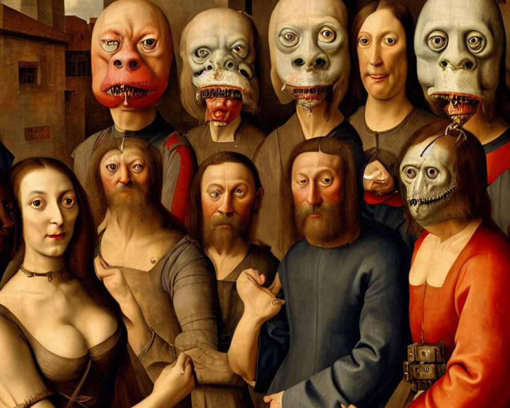 Surreal twist on classical painting with grotesque, oversized heads