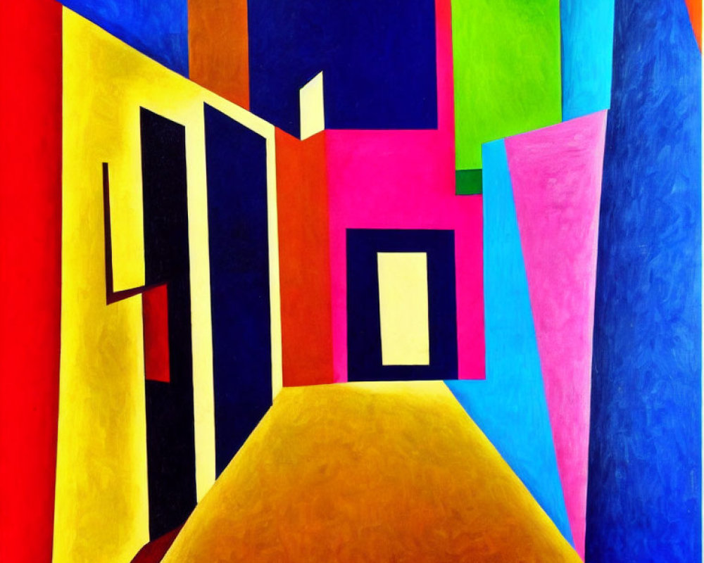 Vibrant abstract painting with geometric shapes and 3D illusion