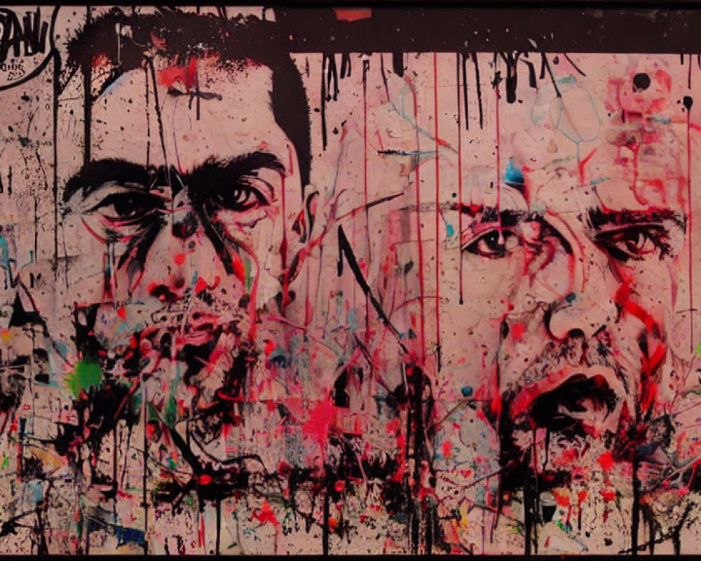 Abstract graffiti-style artwork: Two male faces with black, red, and green paint splatters on weather