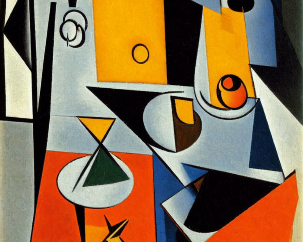 Abstract Painting with Bold Geometric Shapes in Orange, Black, and Yellow