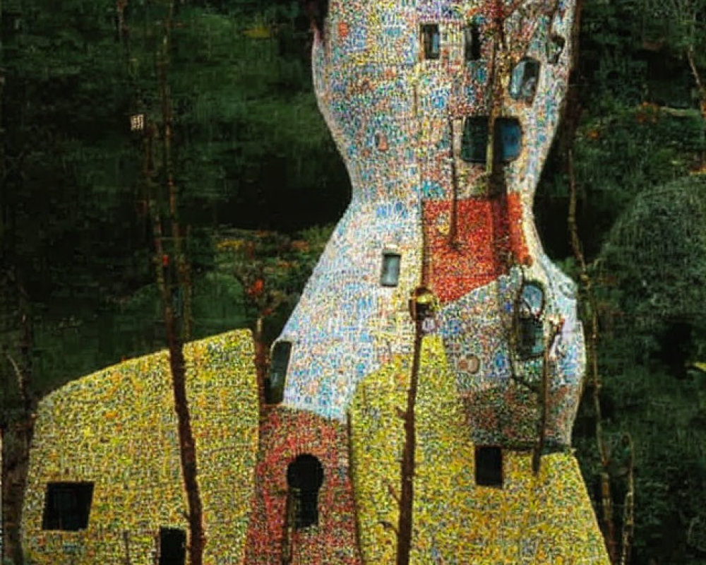 Vibrant mosaic sculpture of human torso against dark foliage.