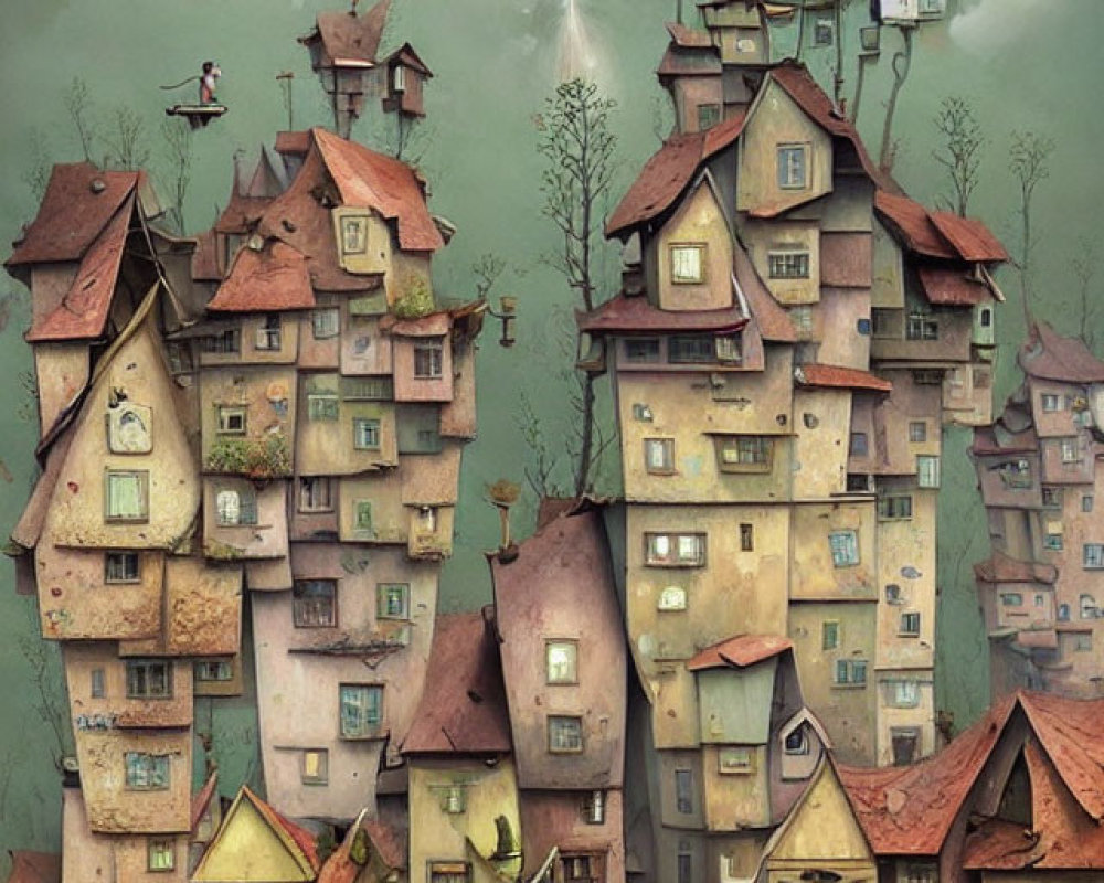 Whimsical crooked houses and floating figures under cloudy sky