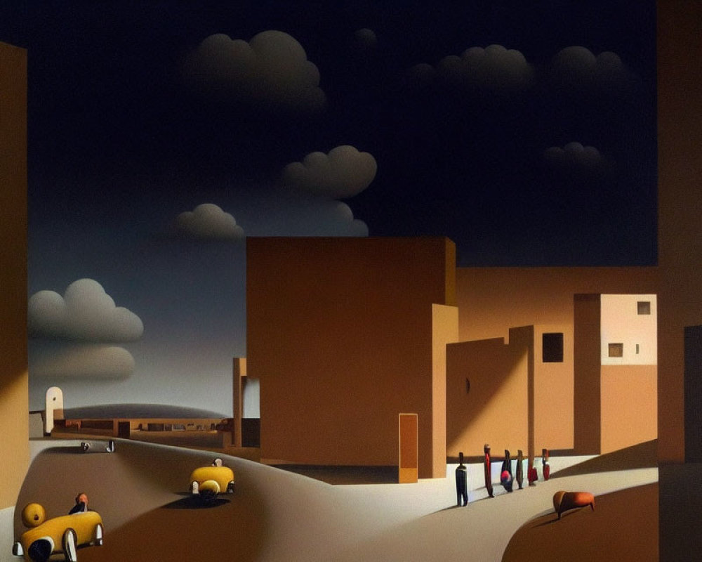 Surreal painting of stylized figures in desert town with oversized objects