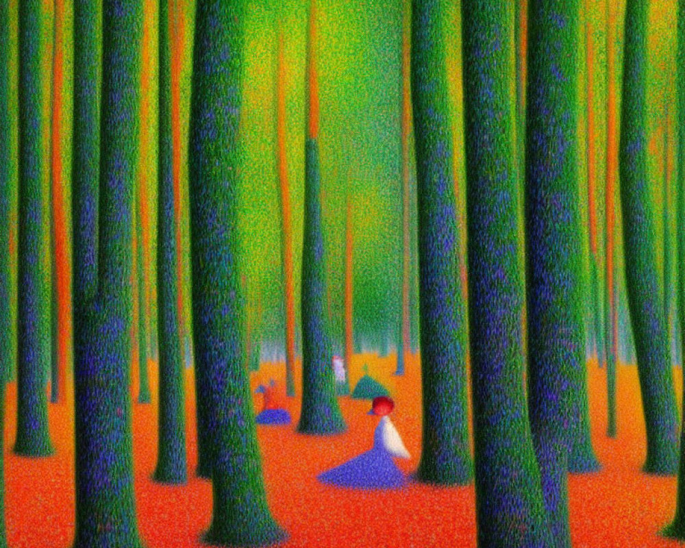 Vibrant Pointillist Forest Painting in Red, Green, and Orange