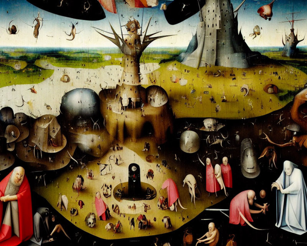 Surreal painting with hybrid creatures, distorted figures, and monastic presence