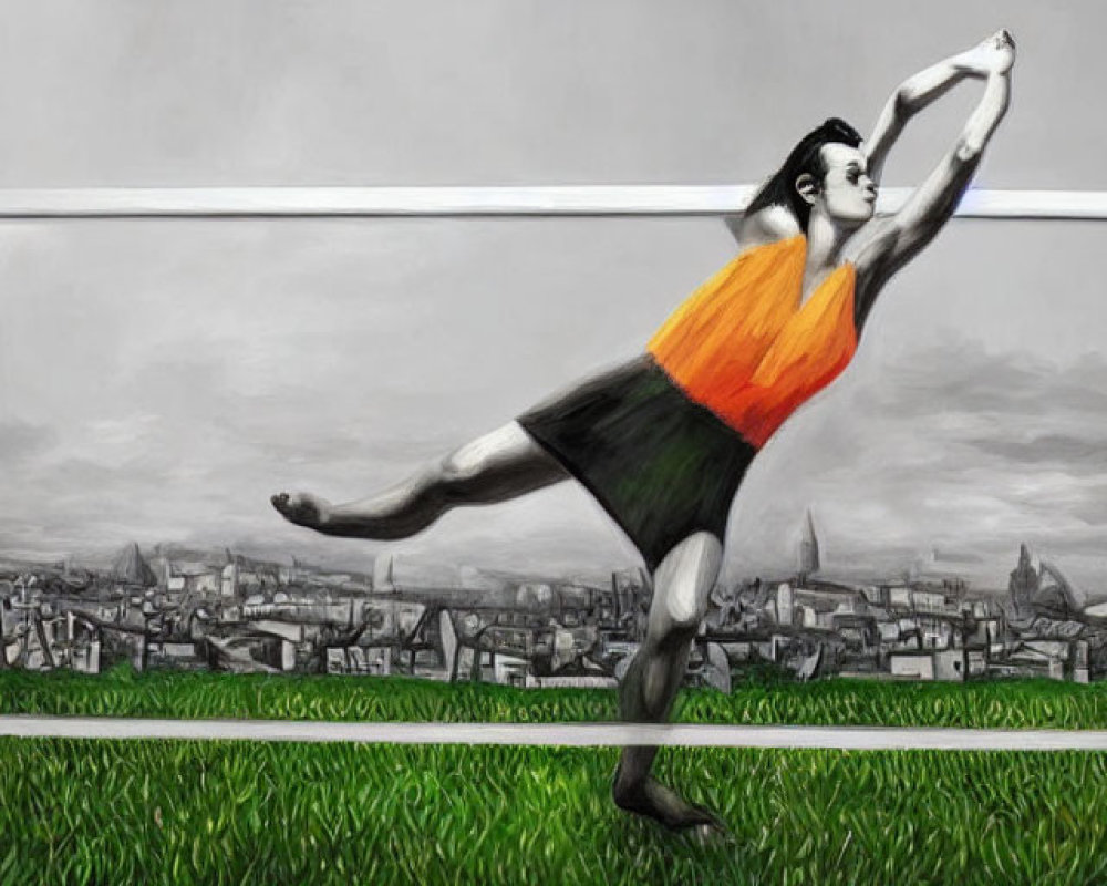 Monochrome painting of man kicking soccer ball into cityscape frame