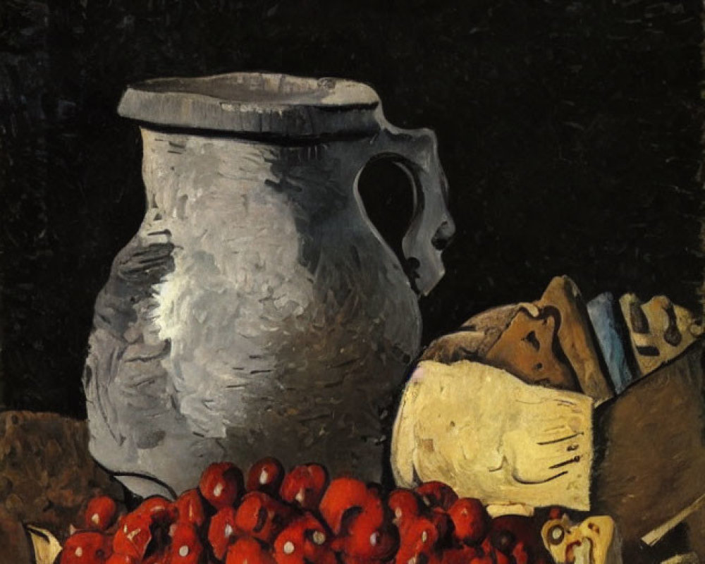 Classic Still Life Painting: White Jug, Strawberries, Bread, Cheese