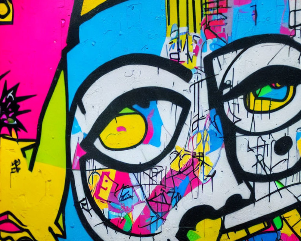 Vibrant urban graffiti art of stylized cartoon face in yellow, blue, and pink tones