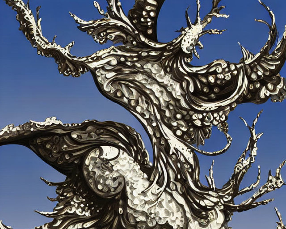 Highly stylized illustrated tree with swirling patterns against clear blue sky