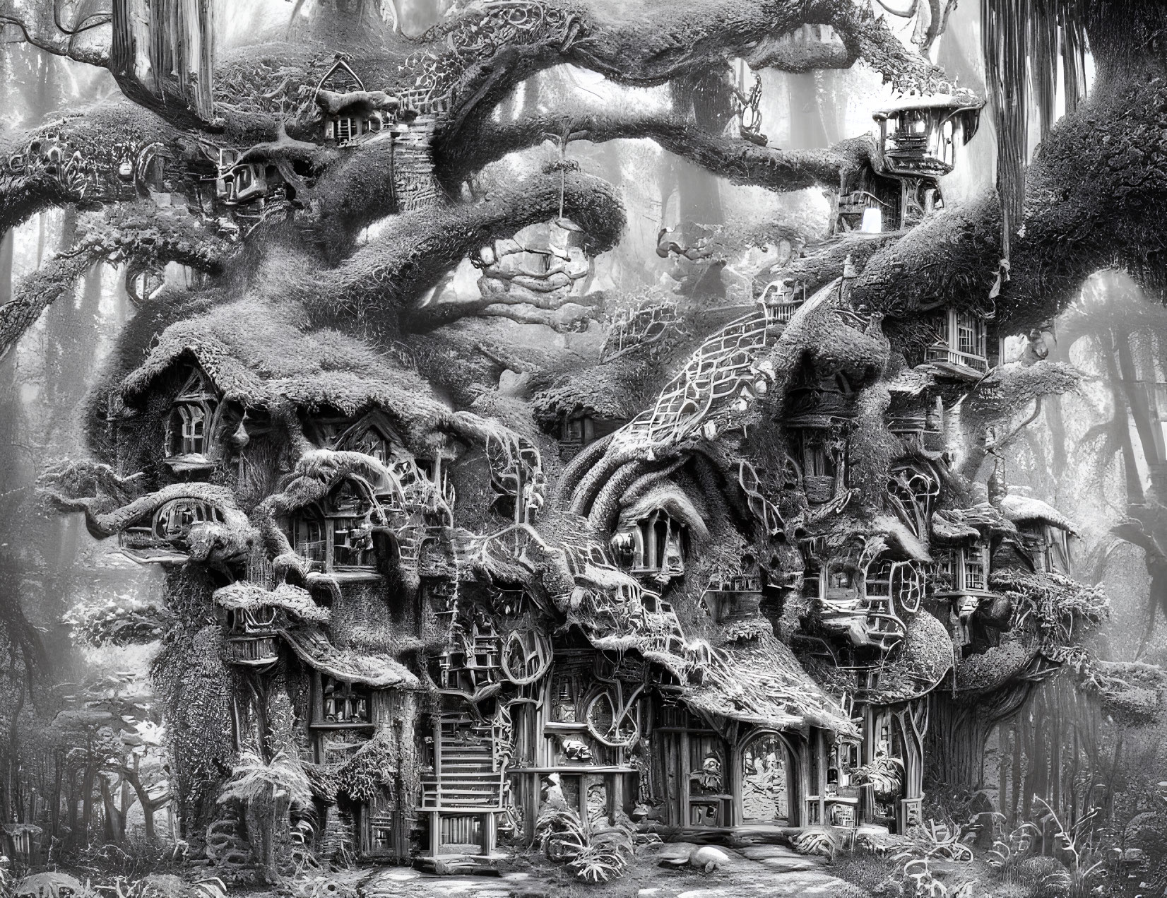 Whimsical black and white treehouse illustration in mystical forest