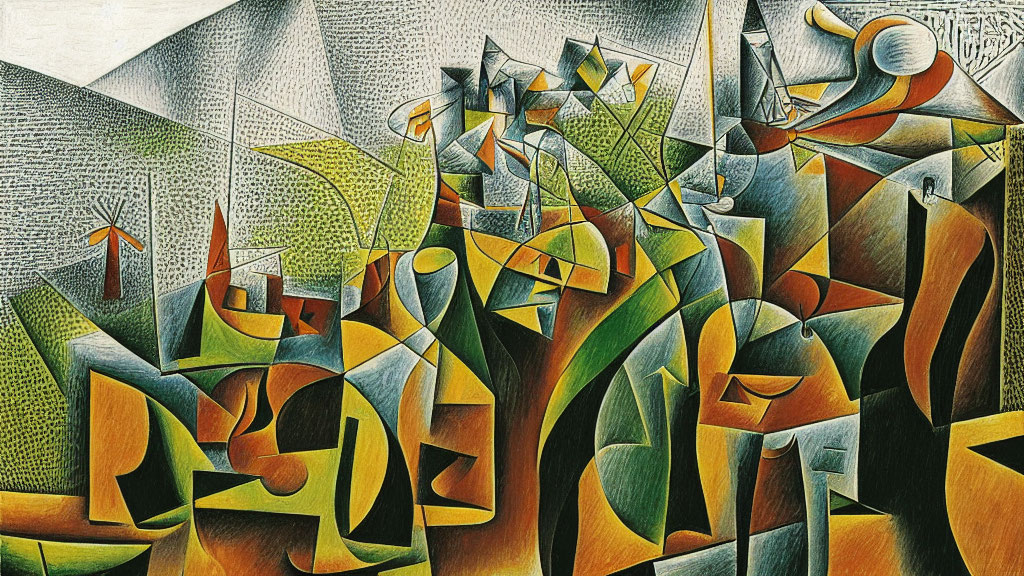 Geometric Cubist Painting with Muted Colors and Abstract Landscape