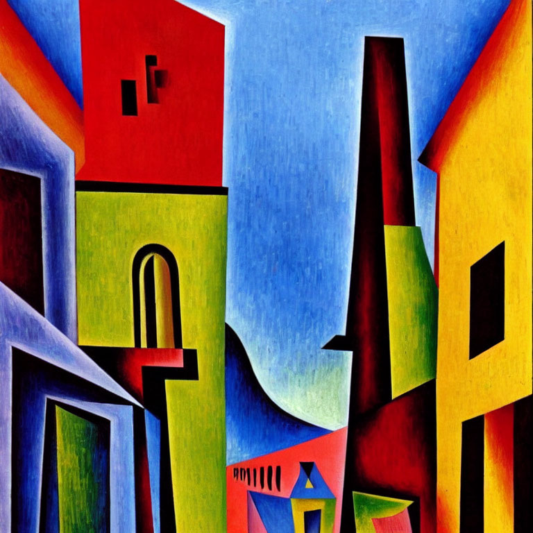 Colorful Geometric Painting with Sharp Angles and Architectural Forms on Blue Sky