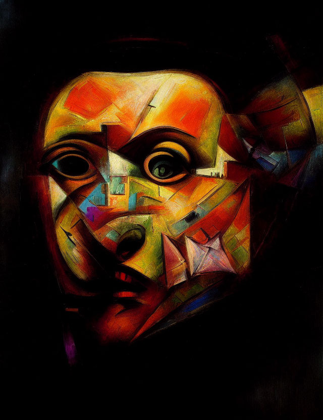 Colorful Cubist-Style Abstract Human Face Painting with Prominent Eyes