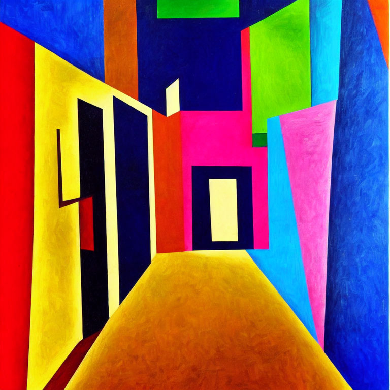 Vibrant abstract painting with geometric shapes and 3D illusion