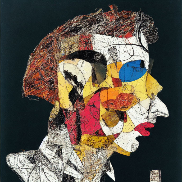 Cubist-style Abstract Portrait in Red, Yellow, Blue, and White