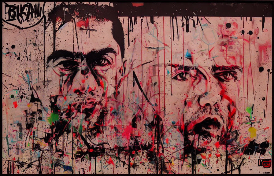 Abstract graffiti-style artwork: Two male faces with black, red, and green paint splatters on weather