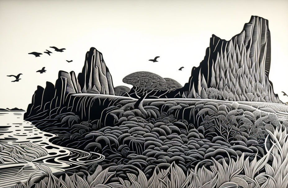 Monochrome landscape with textured hills, water reflections, and flying birds in intricate line patterns