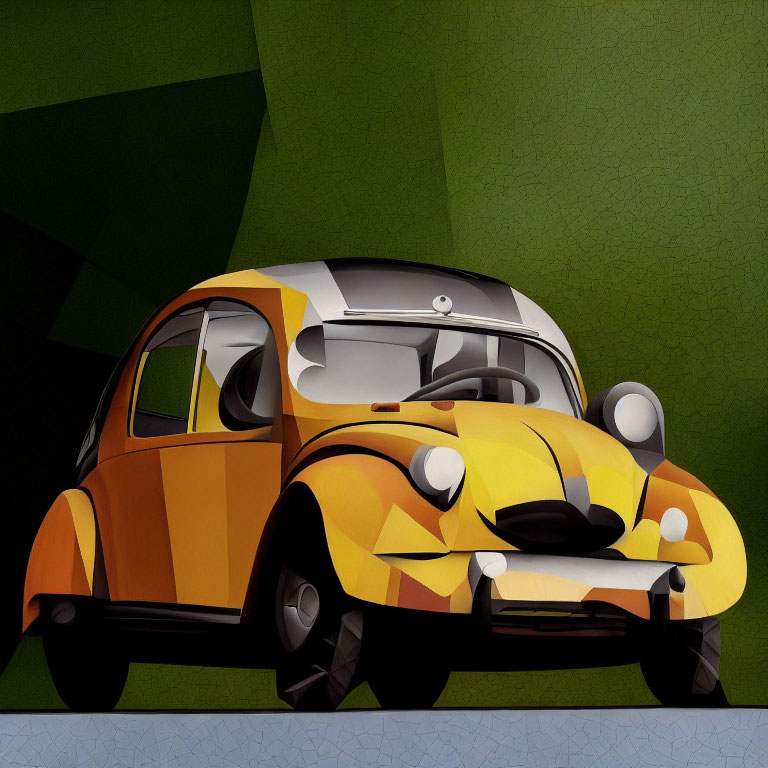 Classic Car Illustration with Yellow and Black Design on Geometric Green Background