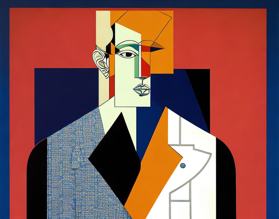 Abstract Cubist-style Figure in Red, Blue, Black, and Tan Palette