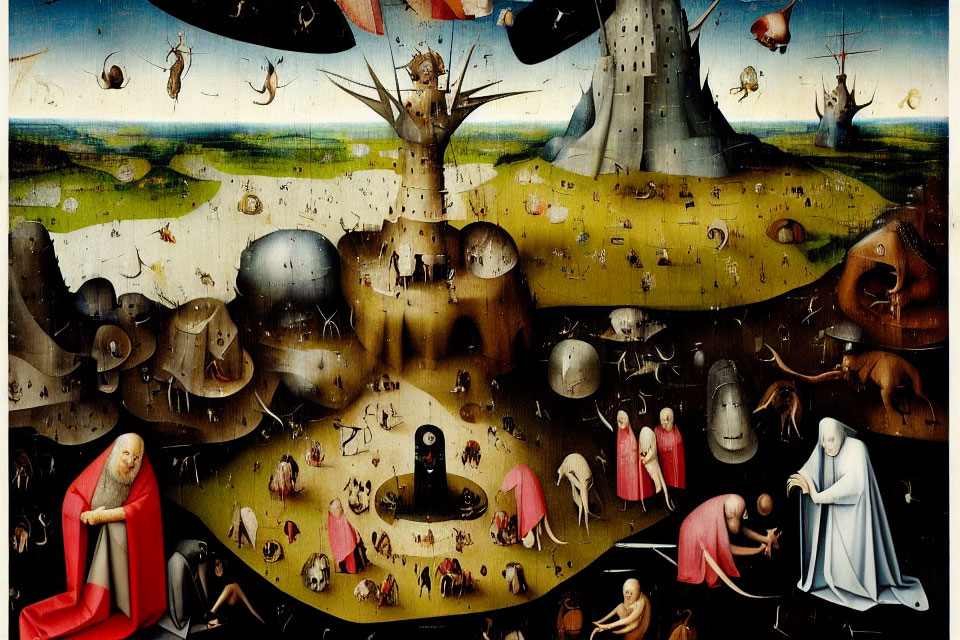 Surreal painting with hybrid creatures, distorted figures, and monastic presence