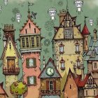 Whimsical crooked houses and floating figures under cloudy sky