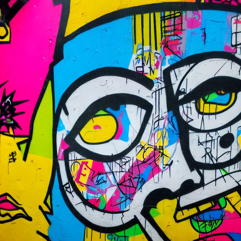 Vibrant urban graffiti art of stylized cartoon face in yellow, blue, and pink tones