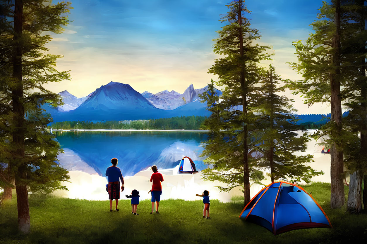 Family Camping Trip by Lakeside with Mountain View at Dusk