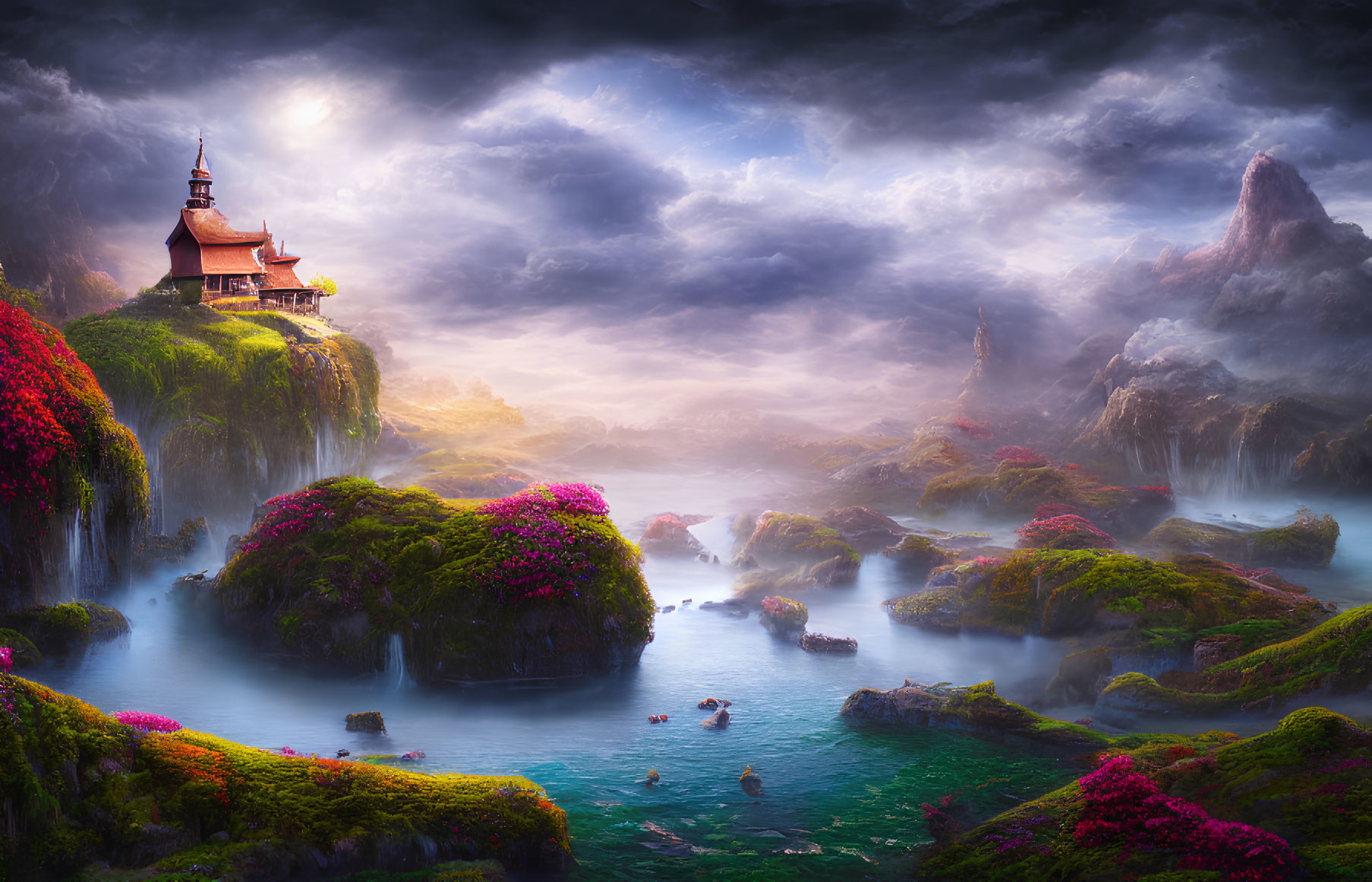 Fantastical landscape with pagoda, waterfalls, flora, and misty waters