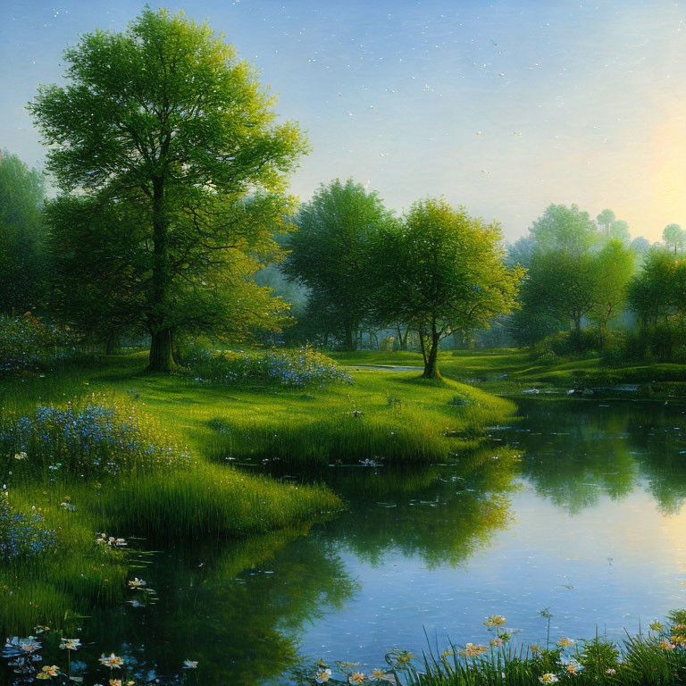 Tranquil landscape with green trees, calm water, wildflowers, and sunrise glow