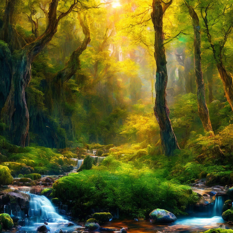 Lush forest with waterfall, sunlight, greenery, and moss-covered rocks