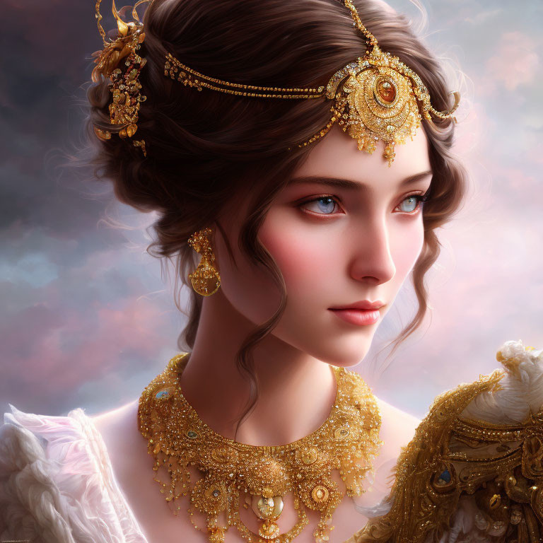 Woman with ornate golden jewelry and serene expression on soft background