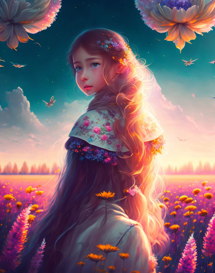 Young girl in floral dress surrounded by magical field of flowers at sunset