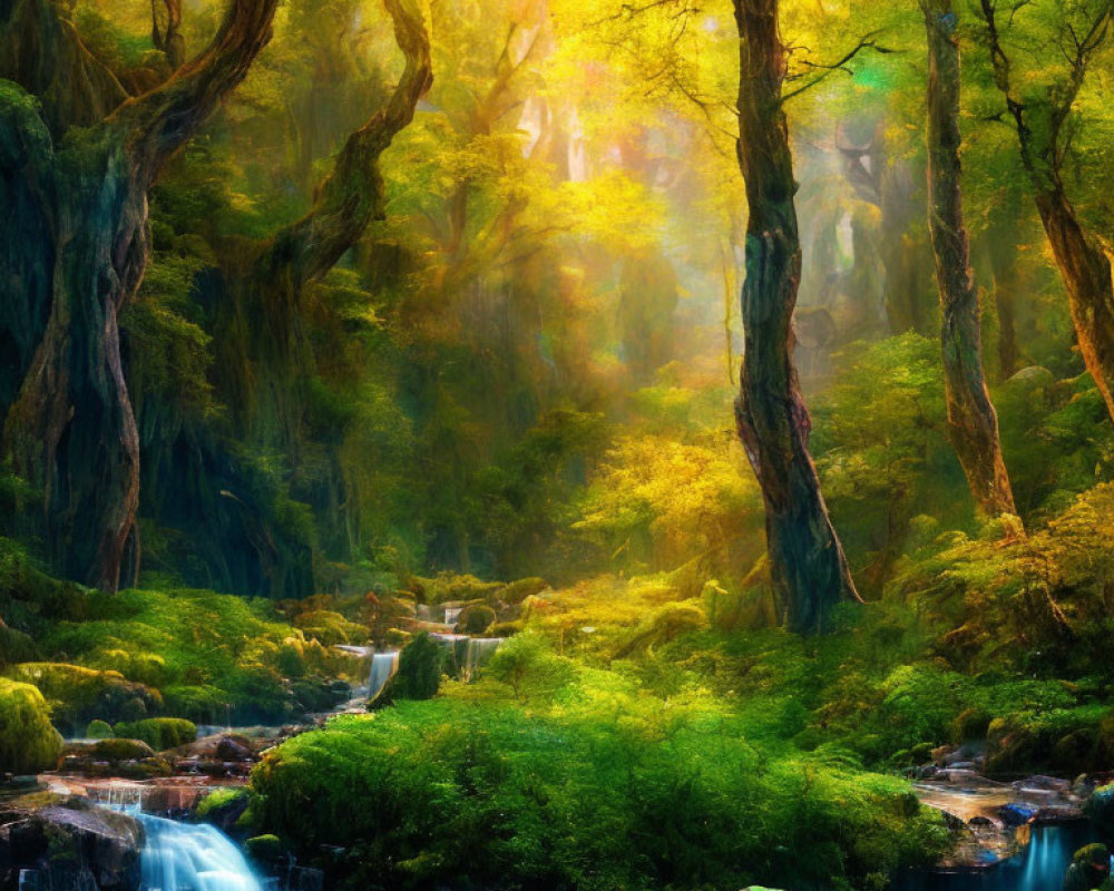 Lush forest with waterfall, sunlight, greenery, and moss-covered rocks