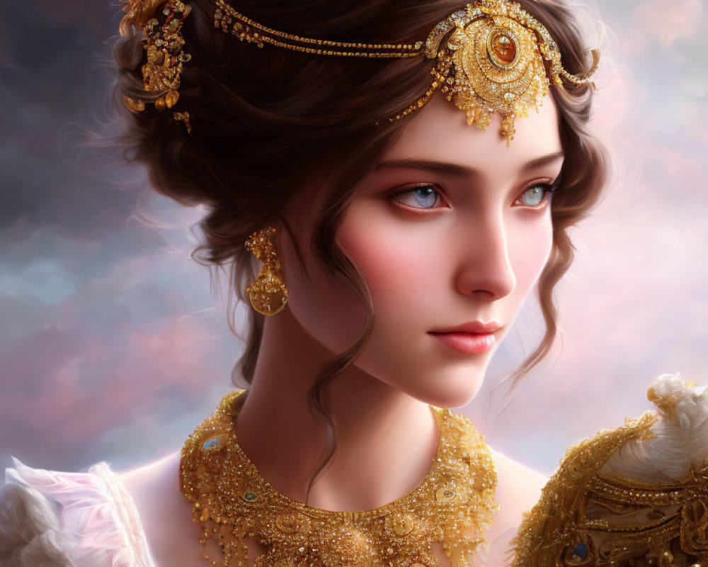 Woman with ornate golden jewelry and serene expression on soft background