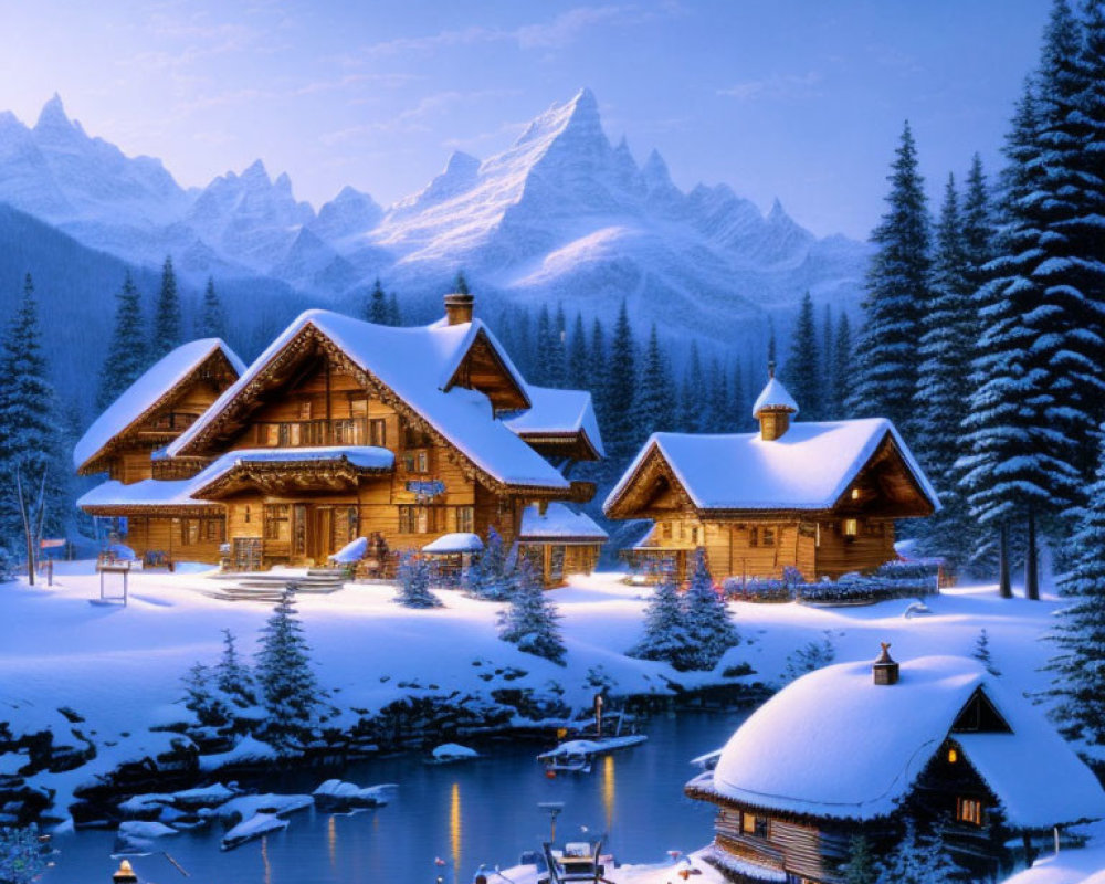 Snow-covered lakeside cabins with illuminated wooden structures, set against mountains and dusk sky.