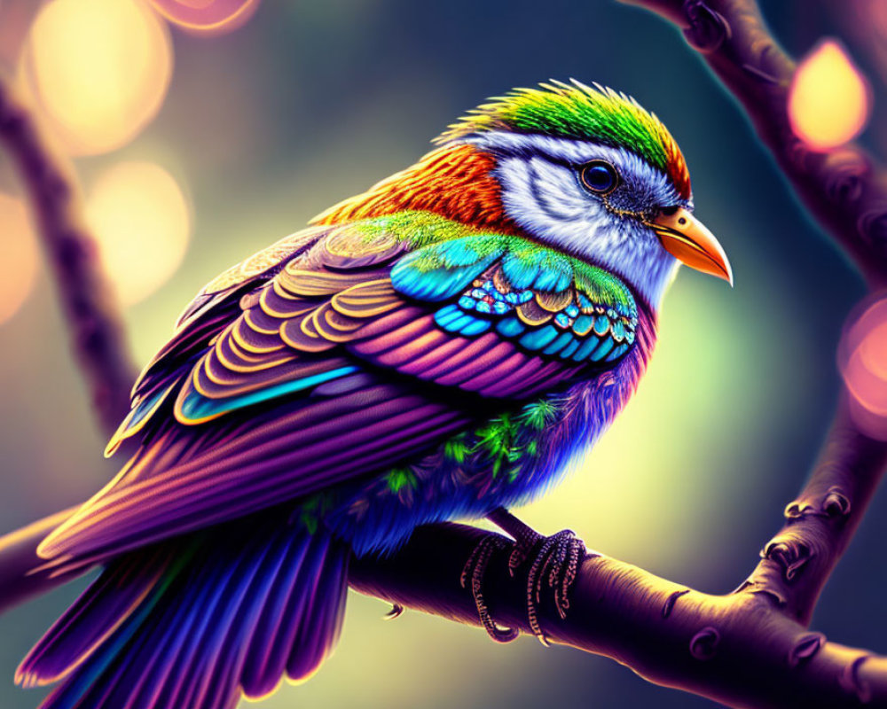 Colorful Illustrated Bird with Rainbow Plumage Perched on Branch