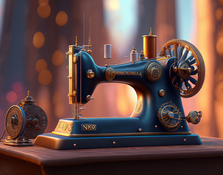 Vintage-Style Blue Sewing Machine with Golden Accents on Bokeh-Lit Background