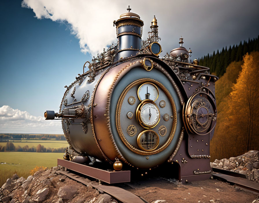 Steampunk-style locomotive with ornate metalwork and gears on railway tracks