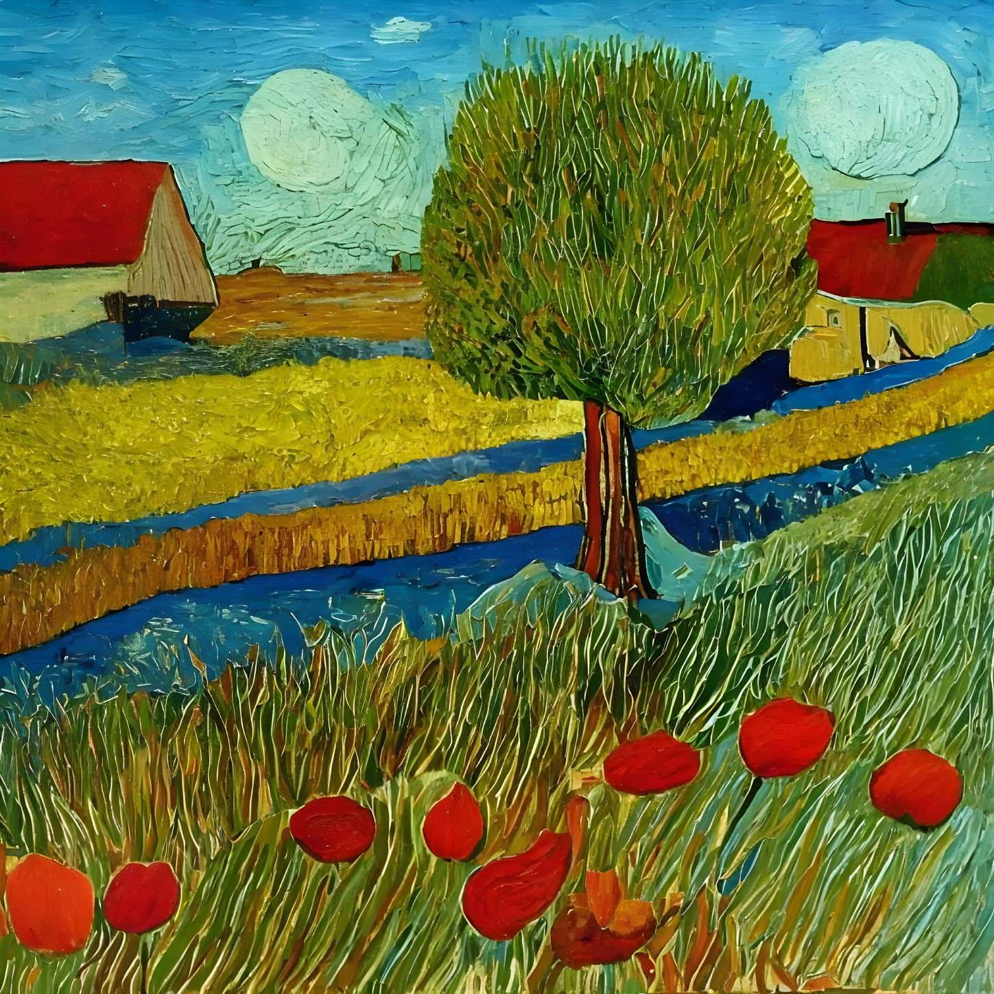 Colorful rural landscape painting with red flowers, green tree, blue river, houses, and white clouds