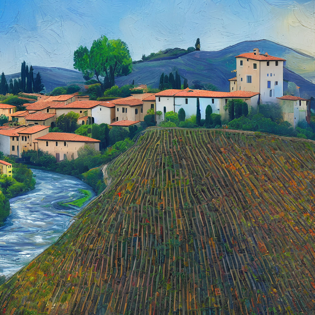 Scenic painting of village with terracotta roofs on hillside